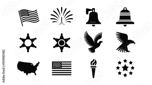 American patriotic symbols and icons set including flag eagle bell sheriff badge usa map and torch on white background