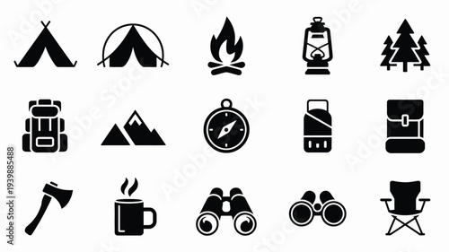 Camping outdoor silhouette logo bundle with tent fire lantern trees backpack compass and other travel icons