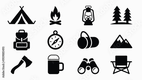 Camping outdoor silhouette logo bundle with tent campfire lantern trees mountains and hiking gear icons
