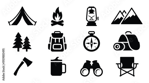 Camping outdoor silhouette logo bundle with tent fire backpack compass and travel gear icons for adventure and wilderness activities