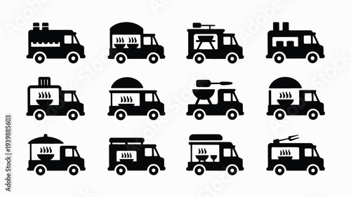 Collection of black food truck icons on white background vector graphics for business and food concepts