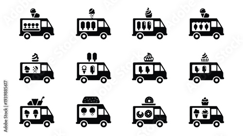 Collection of 12 minimalist black food truck icons on white background for design and branding