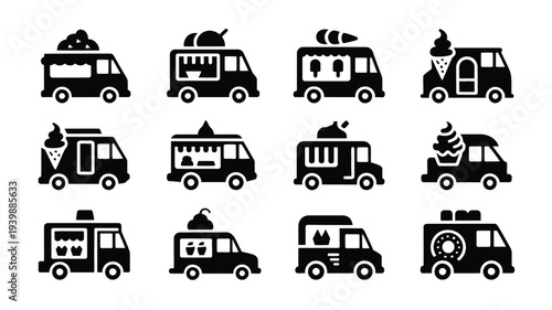 Collection of minimalist black food truck icons on white background for design and branding