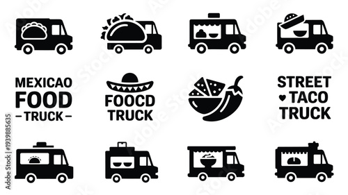 Mexican food truck silhouette logo set with tacos and sombreros on white background for restaurant branding