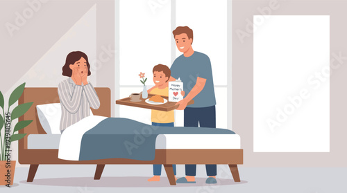 Family bringing breakfast to sick mother in bed.