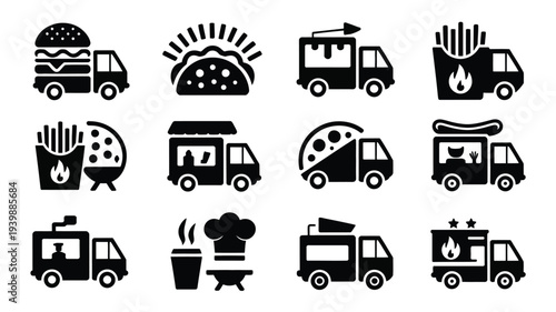 Vintage street food truck silhouettes with various cuisine icons on white background