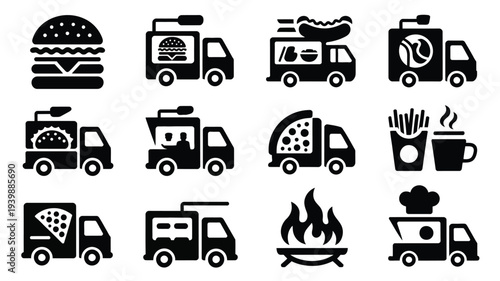 Vintage street food truck silhouettes with various cuisine icons on white background for design