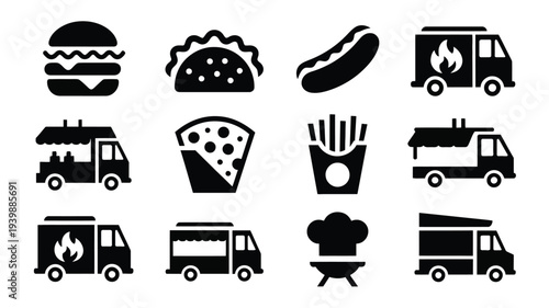 Vintage street food truck silhouettes and logos with various cuisine icons