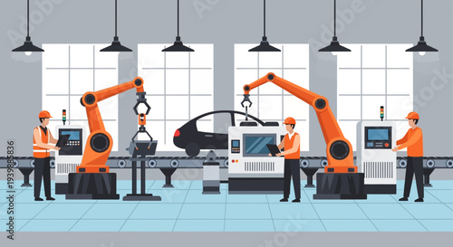 Industrial workers with robotic arms assembling a car in a modern factory setting with bright lighting.
