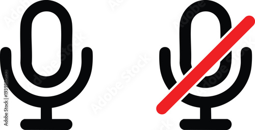 Microphone On and Muted Icon Set, Digital Communication Audio Status Symbols, Minimalist Recording and Mute Toggle Graphics.