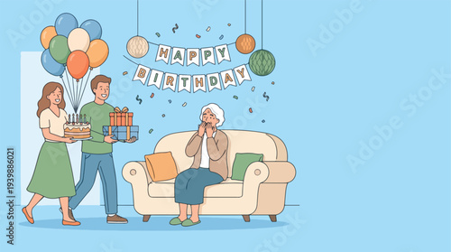 Family celebrating grandmothers birthday with gifts and cake.