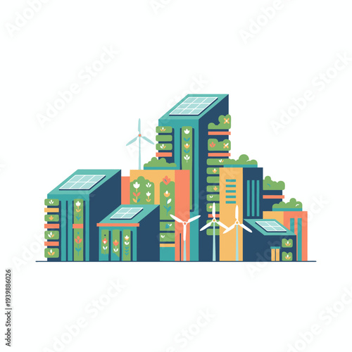Flat design illustration of a sustainable city with eco-friendly buildings and wind turbines