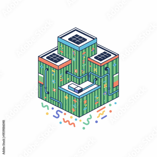 Flat design isometric cube representing a sustainable energy concept with solar panels and green technology