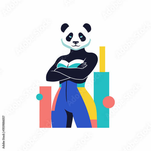 Bold flat design illustration of a powerful panda character with arms crossed, surrounded by colorful geometric elements, embodying modern corporate strength and analytical insight