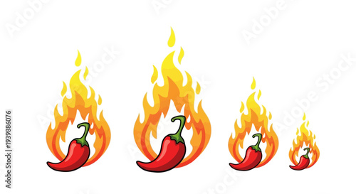 Spicy chili peppers on fire in a row with flames rising, isolated on white background.
