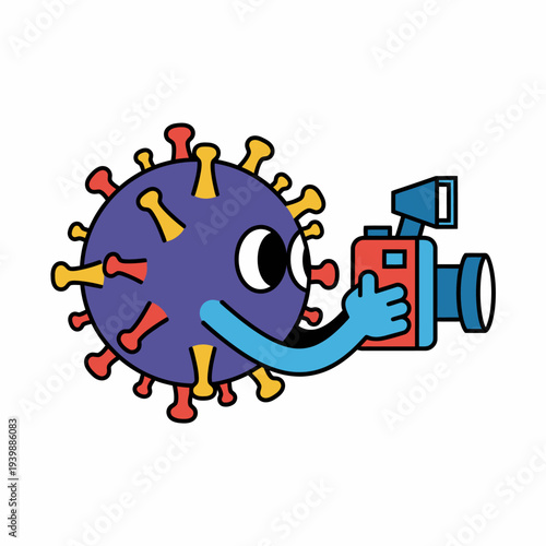 A flat design illustration of a cartoon coronavirus character holding a video camera, representing surveillance or monitoring