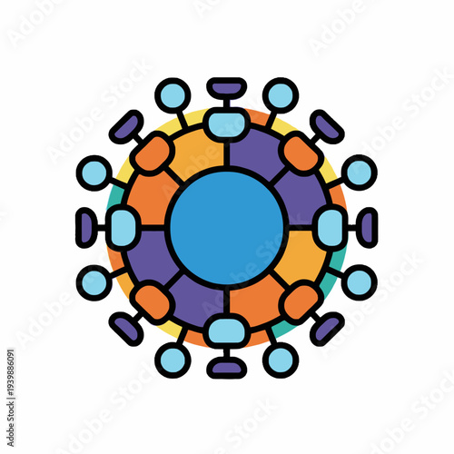 Brightly colored abstract microbe illustration in a distinct flat design style, visually depicting a stylized virus or bacterial organism for health and science themes