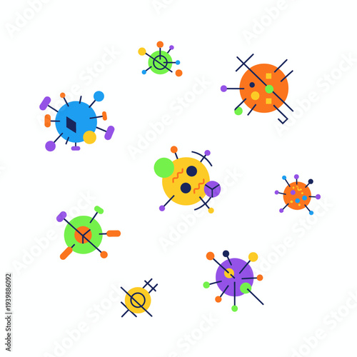 Diverse abstract microorganisms presented in a vibrant flat design style, illustrating cellular structures or viral pathogens for scientific and medical concepts