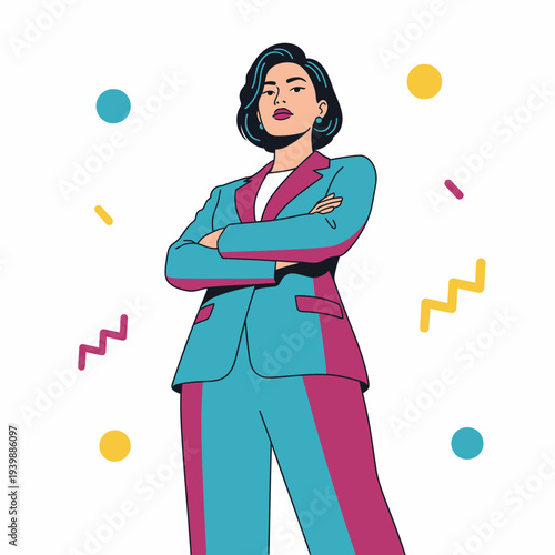 Stylish flat design illustration of a confident businesswoman in a teal and magenta suit, arms crossed