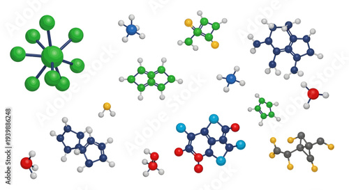 Molecular structures of various chemical compounds on a white background with colorful atoms and bonds