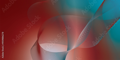 Abstract DarkSalmon, DarkRed and Teal glowing streams bending smoothly over a deep shadowy background with fine glittering particles, futuristic technology atmosphere, vector design.