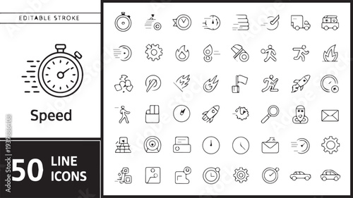 A collection of 50 line icons featuring a prominent stopwatch illustration surrounded by various symbols representing time, productivity, and efficiency in a minimalist black and white design.