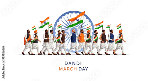 Illustration of people marching on Dandi March Day with Indian flags and a symbolic wheel design in the background.