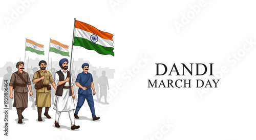 Illustration of people marching with Indian flags on Dandi March Day, a protest against British rule led by Mahatma Gandhi, with a simple background.