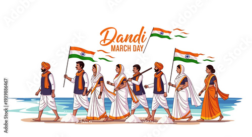 Illustration of people marching on a beach with Indian flags, commemorating Dandi March Day with a vibrant and patriotic mood.