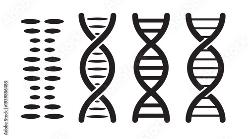 Minimalist black and white illustration of DNA double helix structures and genetic material