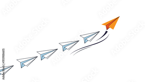 Single orange paper plane leads several white paper planes in a diagonal line across a white background to represent leadership and innovation.