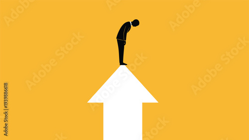 Silhouette of a businessman bowing on top of a giant white arrow pointing upwards, symbolizing corporate apology or respect for growth.