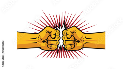 Two strong hands come together in a fist bump gesture with glowing rays to represent mutual respect, agreement, partnership, and celebration.