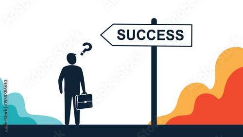 Confused businessman with a briefcase standing next to a success signpost, pondering the right path for his professional career development.