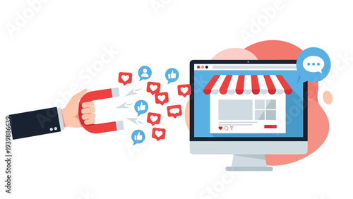 Large hand holding a magnet to attract likes and heart icons from an online shop on a computer monitor, depicting modern digital marketing.