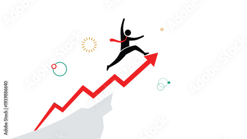 Person jumping high over a rising red arrow on a graph, symbolizing rapid growth, high energy, and exceeding business performance expectations.