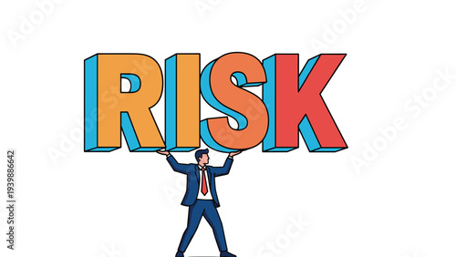 Strong businessman lifting heavy three-dimensional letters spelling the word risk, representing corporate responsibility and managing difficult ventures.