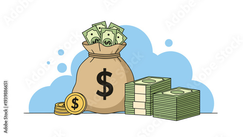 Big canvas sack filled with dollar bills sitting next to neat stacks of money and gold coins, illustrating wealth, savings, and financial success.