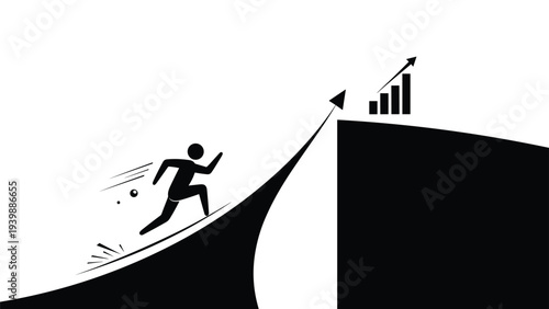 Stick figure runner leaping across a wide gap toward a higher level with a growth chart, signifying the jump needed for business success.