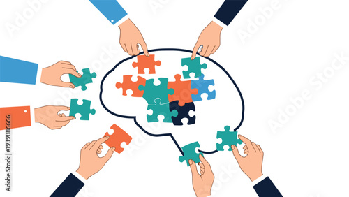 Diverse hands collaborating to place colorful puzzle pieces into a large brain outline, symbolizing teamwork, collective intelligence, and problem solving.