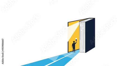 Tiny person holding a flashlight and standing inside a massive open book, representing the search for knowledge, education, and enlightenment.