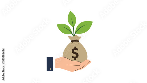 Hand gently holding a small brown money bag with a green plant growing out of it, symbolizing ethical investment and financial growth.