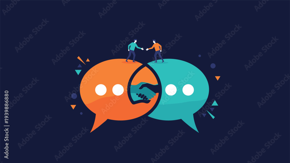 Fototapeta premium Two professionals shaking hands on top of overlapping orange and blue speech bubbles representing successful communication and agreement.
