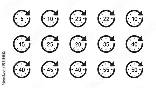 Set of 12 minimalist timer icons arranged in a grid displaying various countdown times isolated on a white background