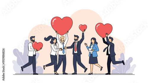 Happy team of business professionals sharing large red heart icons to represent kindness, empathy, and positive company culture in the office.