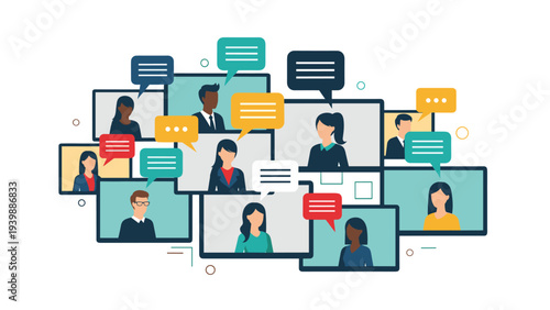 Group of diverse professionals communicating through multiple video conferencing windows with colorful speech bubbles on a digital platform.