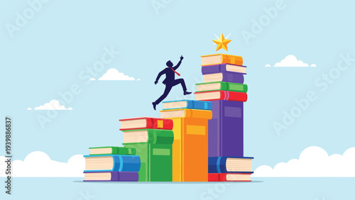 Motivated professional climbing a staircase of colorful books to reach a shining gold star symbolizing knowledge and educational success.