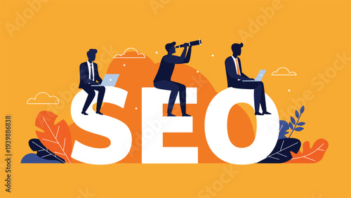 Business experts analyzing data and searching for trends while sitting on large white SEO letters to improve search engine optimization rankings.