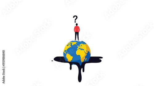 Concerned man standing on top of a melting earth globe with a question mark above his head depicting climate change and environmental uncertainty.