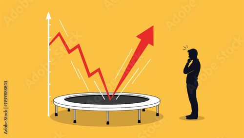 Thoughtful businessman watching a red downward trend line bounce off a trampoline and turn into a sharp upward arrow signifying recovery.